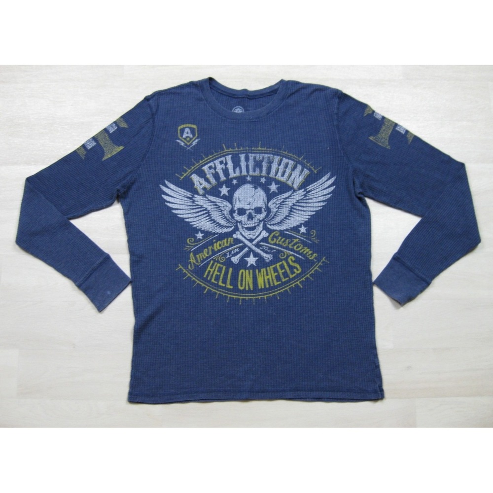 Y2K Affliction Thermal Shirt Mens (L) Waffle Knit American Fighter MMA Biker
